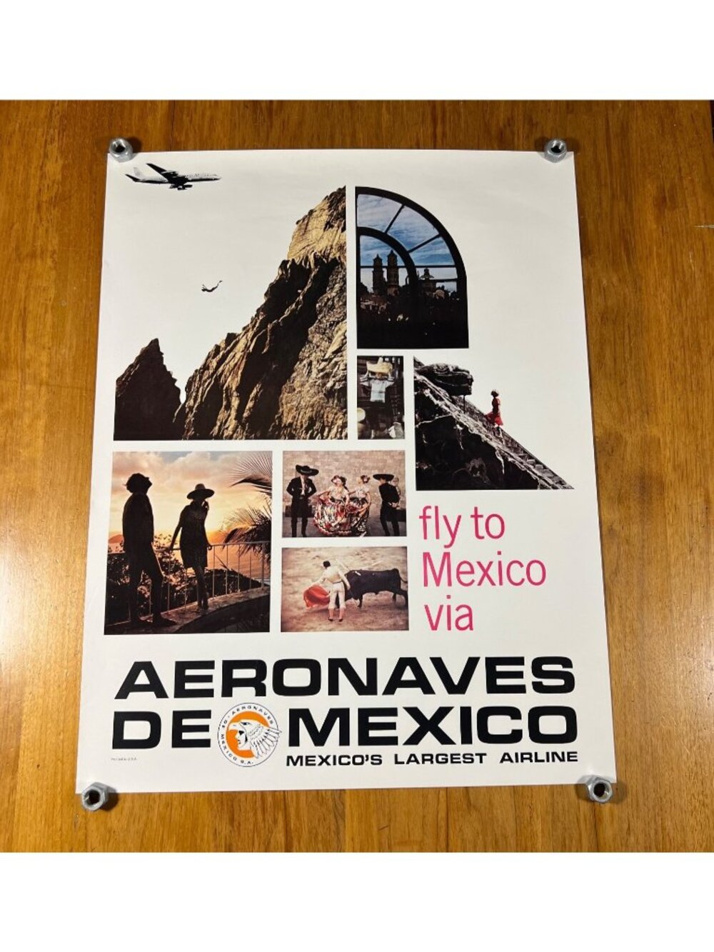1960s Mexico Aeronaves De Mexico Original Travel Poster, VTG Rare 28-3/8" x 22"